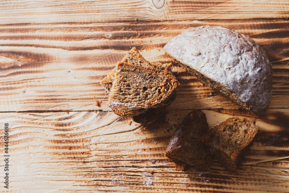 Homemade cakes, grain rye bread cut into chunks Homemade cakes, grain rye bread cut into chunks