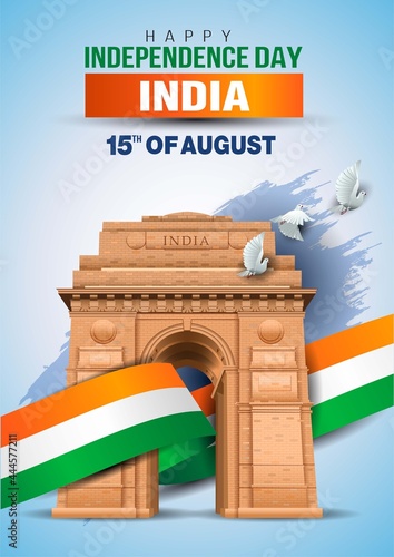 vector illustration of happy independence day in India celebration on August 15. vector India gate with Indian flag design and flying pigeon
