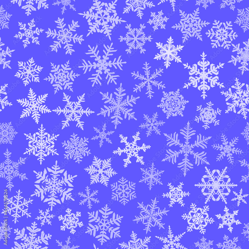 Christmas seamless pattern with complex big and small snowflakes, white on blue background Christmas seamless pattern with complex big and small snowflakes, white on blue background