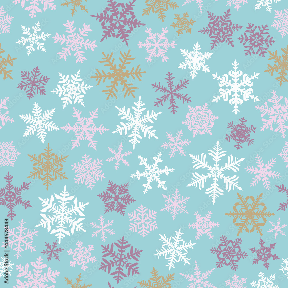 Christmas seamless pattern with complex big and small snowflakes, colored on light blue background Christmas seamless pattern with complex big and small snowflakes, colored on light blue background