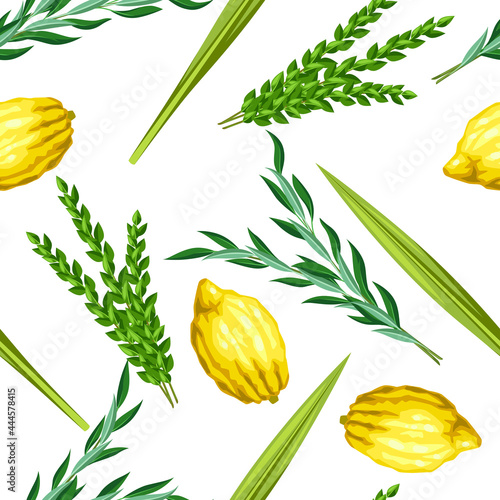 Happy Sukkot seamless pattern. Holiday background with Jewish festival traditional symbols.