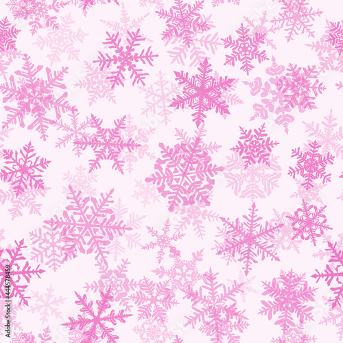 Christmas seamless pattern with complex big and small snowflakes, pink on white background