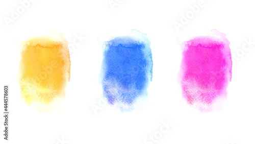 Round Red, light lime blue yellow watercolor painted in circle shape on a white rough watercolor paper. Three colors isolated on white background. For artic illustration design brush.