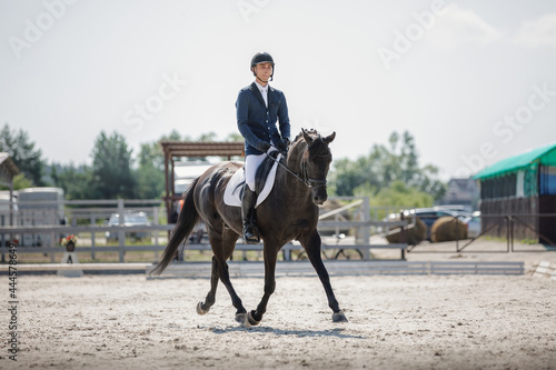 portrait of man rider and black stallion horse trotting fast during equestrian dressage competition in summer