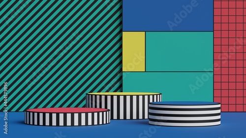 Abstract geometric blank empty space minimal pop art style product cosmetic banner advertising cylinder platform podiums stand show display mock up pastel colour background studio. 3d rendering.