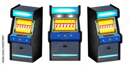 3d set of electronic slot machines for casinos with lights and shadows. The winning combination is on the screen