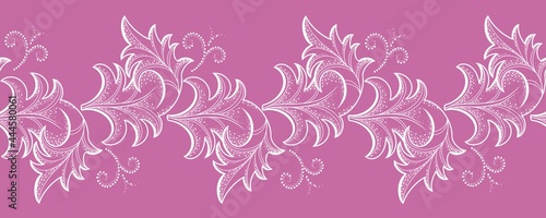 Seamless pattern, border, lower continuum. Decorative white leaves on a pink background.