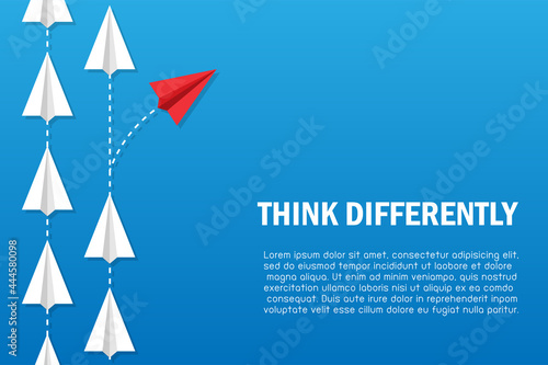 Red paper plane arrow changing direction. isolated on blue background. Different thinking concepts. The road to success. vector illustration flat design.