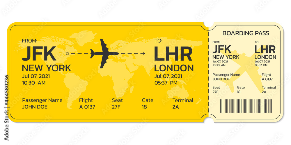Plane ticket. Airline boarding pass template. Modern flight card blank design with the airplane. Air travel or trip concept. Vector illustration. - obrazy, fototapety, plakaty 