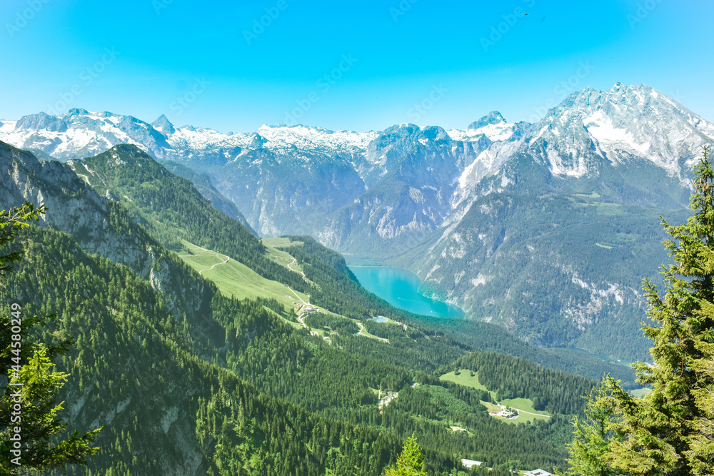 The beautiful mountains with lake tree and blue sky in a same landscape in Austria