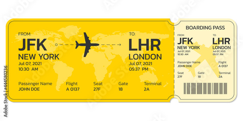 Plane ticket. Airline boarding pass template. Modern flight card blank design with the airplane. Air travel or trip concept. Vector illustration. photo