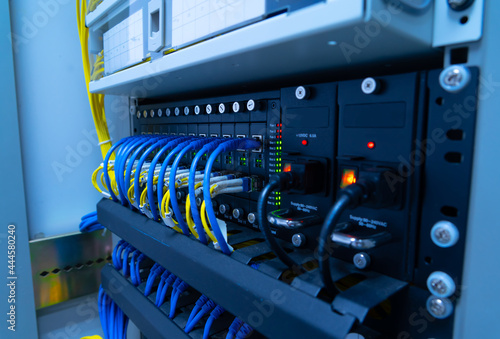 Full tower swicth hub internet network in server room.