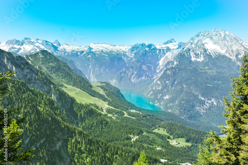 The beautiful mountains with lake tree and blue sky in a same landscape in Austria