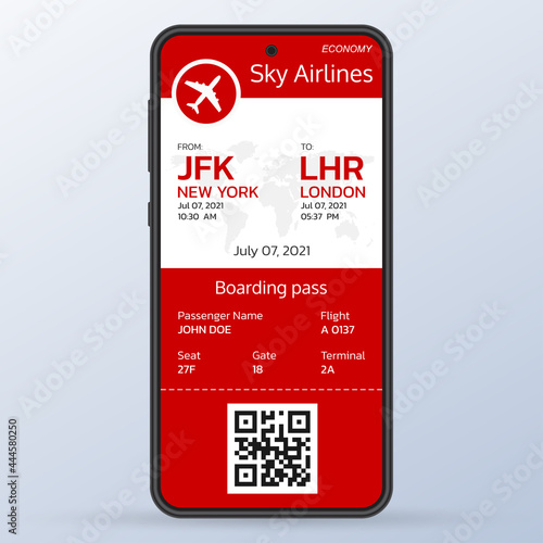 Plane ticket on the smartphone screen. Mobile boarding pass. Online, electronic airline ticket. Modern flight card blank design with the airplane. Air travel or trip concept. Vector illustration.