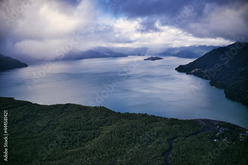 Río Petrohue y lago todos Los Santos, cierra de Santo Domingo en Parque Nacional Vicente Perez Rosales, Chile photo