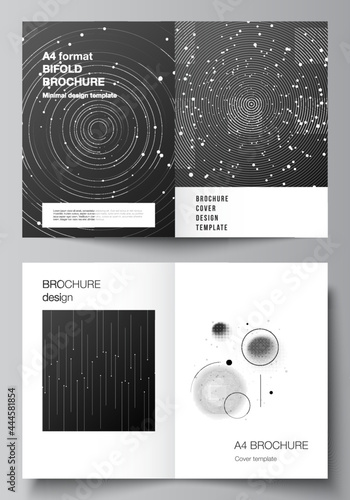 Vector layout of two A4 format cover mockups design templates for bifold brochure, flyer, magazine, cover design, book design, brochure cover. Tech science future background, space astronomy concept.