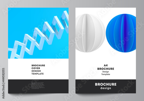 Vector layout of A4 cover mockups templates for brochure, flyer layout, booklet, cover design, book design. 3d render vector composition with dynamic realistic geometric blue shapes in motion.