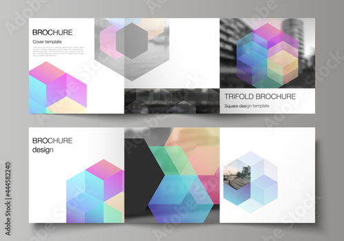 Vector layout of square format covers design templates with abstract shapes and colors for trifold brochure, flyer, magazine, cover design, book design, brochure cover.