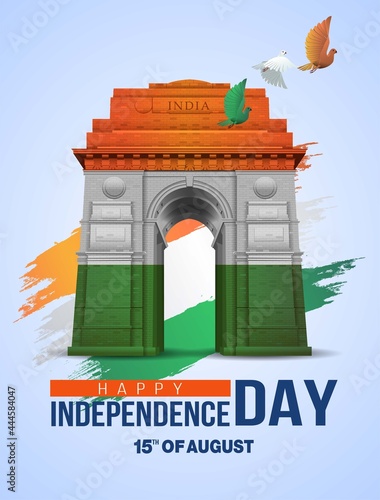 vector illustration of happy independence day in India celebration on August 15. vector India gate with Indian flag design and flying pigeon	
