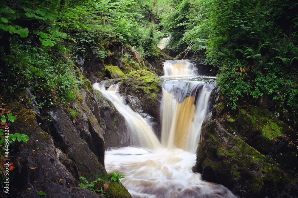 A view of Pecca Falls waterfall on the Ingleton Trail, in the Yorkshire Dales, North Yorkshire.