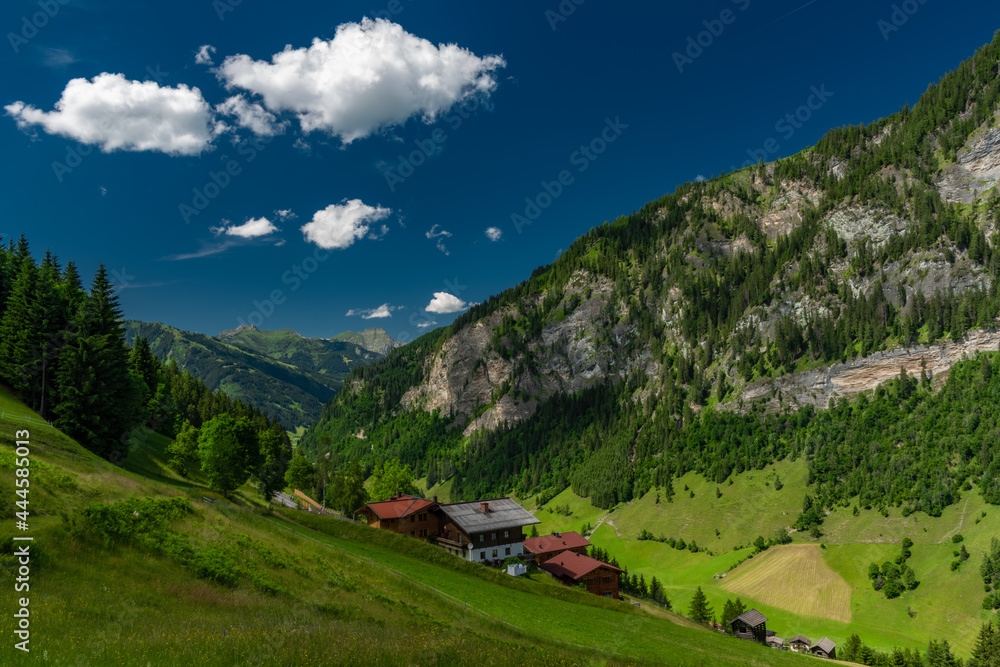 Summer valley with Grossarler Ache small river and blue cloudy sky