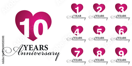 Set of Anniversary years vector creative design emblems with negative space numbers love red color heart for celebration event, invitation, greeting photo