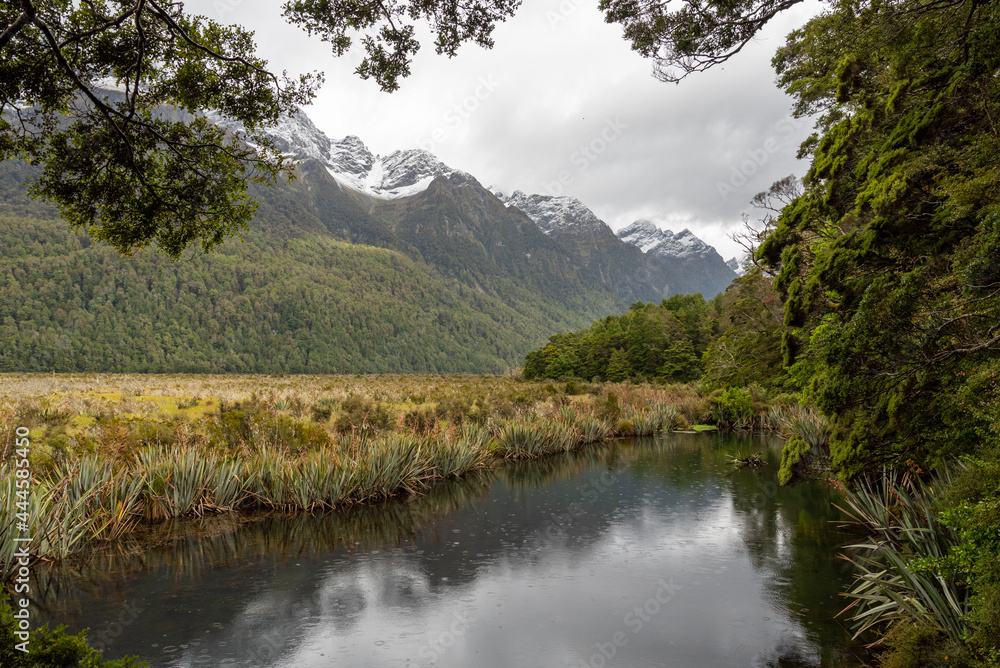 Famous Mirror lakes in Eglinton valley on the way to Milford Sound, New Zealand