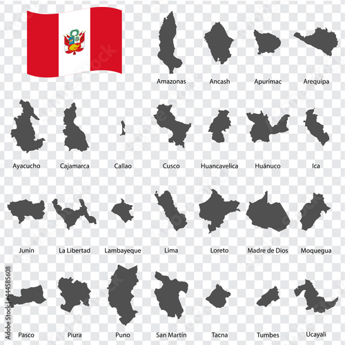 Twenty five Maps  of Peru - alphabetical order with name. Every single map of Regions  are listed and isolated with wordings and titles. Republic of Peru. EPS 10. photo