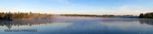 forest lake with morning fog