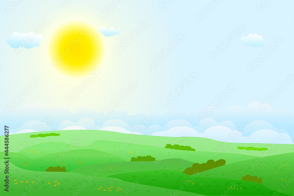 Summer fields landscape with green hills, bright color blue sky, sun and clouds. Lovely rural nature. Countryside view. Valley scenery. Agricultural land. Stock vector illustration