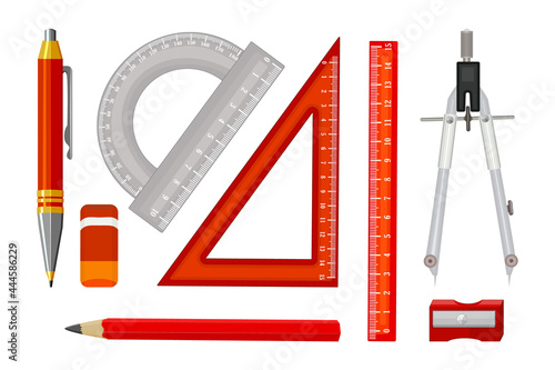 Set of ruler instruments and school equipment isolated on white background. Engineer tools collection. Ruler, pencil sharpener, pen, compass, pencil and protractor. Back to school. Vector illustration
