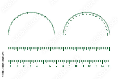 Set of measuring scale, markup for rulers and protractor. Inch green lines. Ruler icon symbol isolated on white background. Size indicator units. Calibration grid. Stock vector illustration
