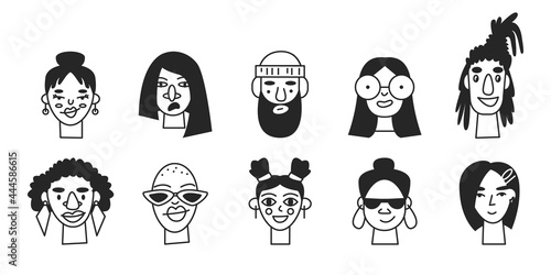 Doodle monochrome monoline people portrait isolated. Line male and female user profile avatars. Trendy hand-drawn human icons collection. Happy minimal characters. Vector simple sketch illustration