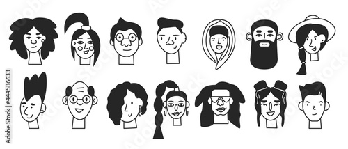 Doodle black minimal human face icons isolated. Line male and female user profile avatars. Trendy hand drawn people portraits collection. Happy diverse characters. Vector simple sketch illustration