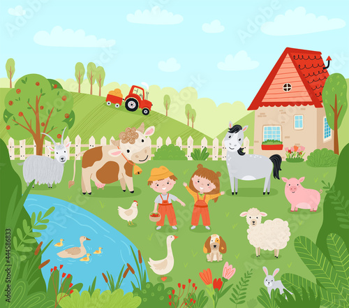 Landscape farm. Cute background with farm animals in a flat style. Children farmers are harvesting crops. Illustration with pets  children  mill  pickup  village house. Vector