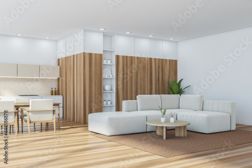 Corner view on studio kitchen with sofa, beige