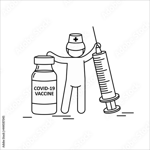 Men with Cobid-19 vaccine and syringe. Linear illustration, coronavirus prevention.