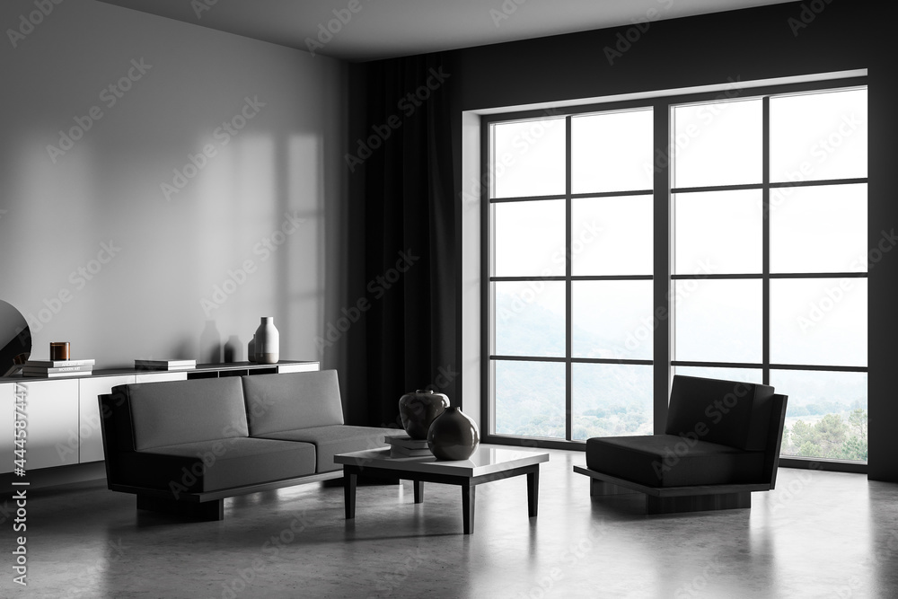 Corner of dark grey panoramic living room with love seat Corner of dark grey panoramic living room with love seat