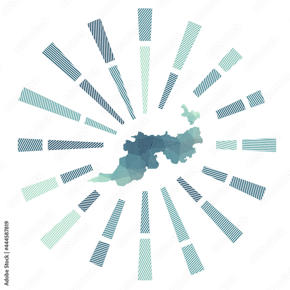 Guana Island sunburst. Low poly striped rays and map of the island. Astonishing vector illustration. Guana Island sunburst. Low poly striped rays and map of the island. Astonishing vector illustration.