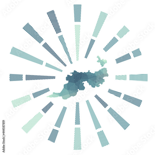 Guana Island sunburst. Low poly striped rays and map of the island. Astonishing vector illustration.