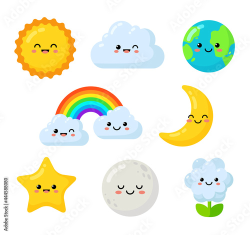 Vector set of kawaii baby sun, cute star, rainbow, moon, flower and clouds isolated from white. Set of funny cartoon kawaii characters for stickers or badges for kid