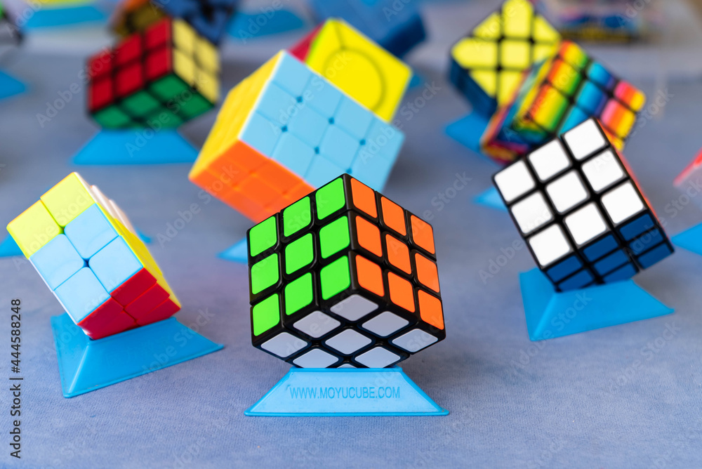 Lubań, Poland - July 2, 2021: Different types of Rubik's cube on display.  Puzzle toy, colorful cube. Stock Photo | Adobe Stock