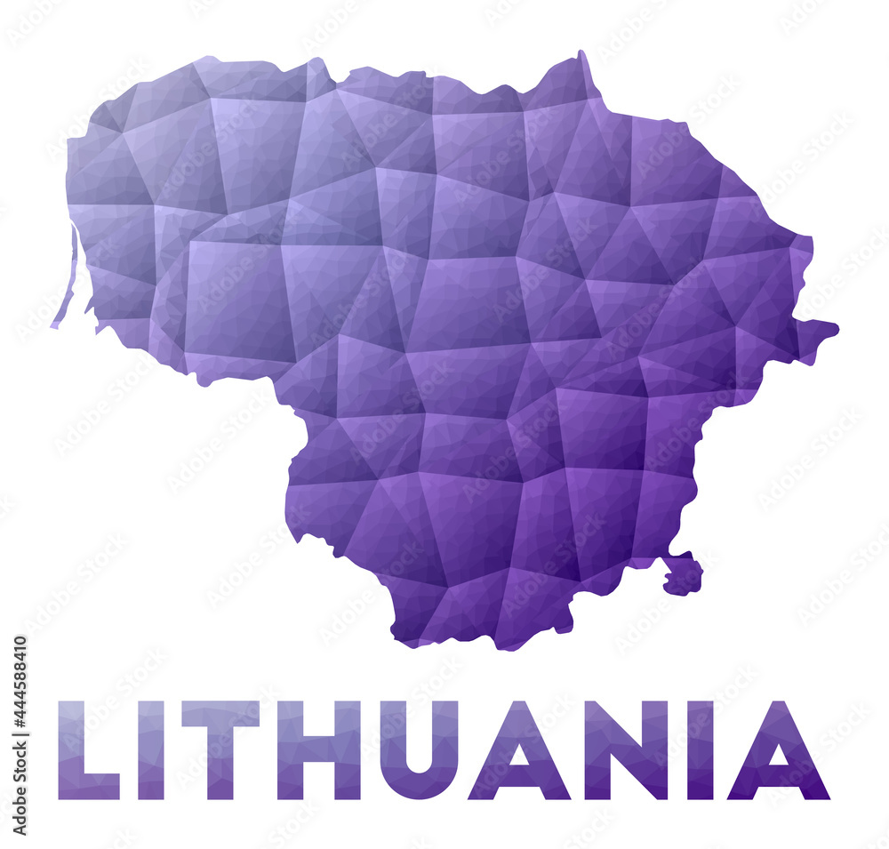 Map of Lithuania. Low poly illustration of the country. Purple geometric design. Polygonal vector illustration.