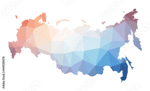 Map of Russia. Low poly illustration of the country. Geometric design with stripes. Technology, internet, network concept. Vector illustration.