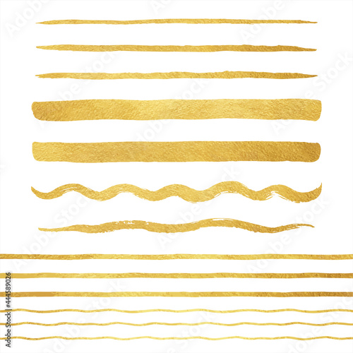 Golden foil vector lines, uneven streaks, stripes, long brushstrokes, underlines set. Hand drawn creative gold textured brush strokes, graphic design elements. Border, frame template, text background