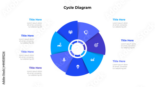 Cycle diagram with seven options or steps. Slide for business presentation. Circle abstract element divided into 7 parts