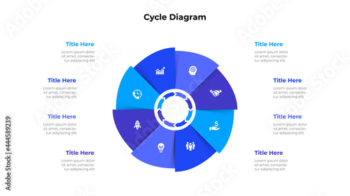 Cycle diagram with eight options or steps. Slide for business presentation. Circle abstract element divided into 8 parts