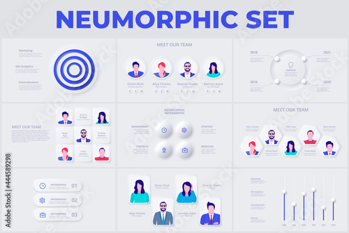 Set of neumorphism elements for business team presentation and infographic. Neumorphic illustrations with characters