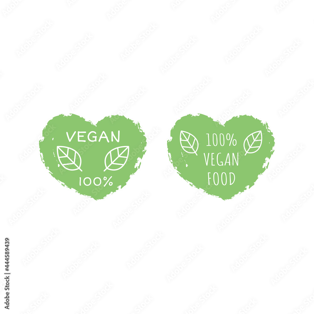 Vegan food and products vector label icon set. 100 % vegan sticker heart set. Vegan food and products vector label icon set. 100 % vegan sticker heart set.
