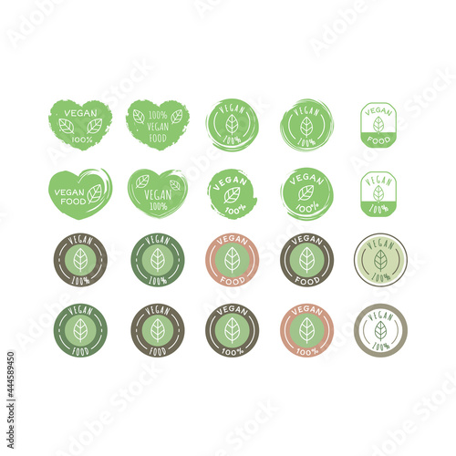 Vegan food and products vector label icon set. 100 % vegan sticker set.